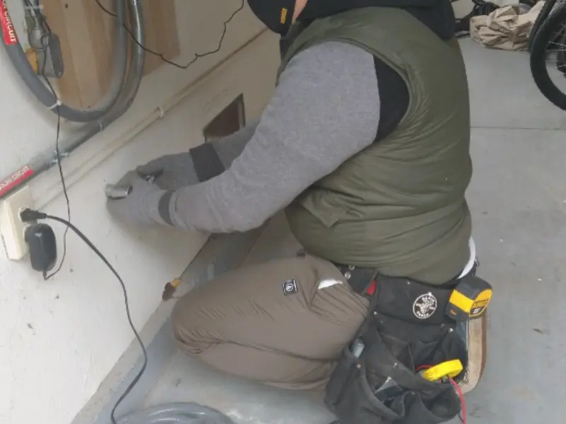 Electrician performing outlet wiring in a New Castle garage